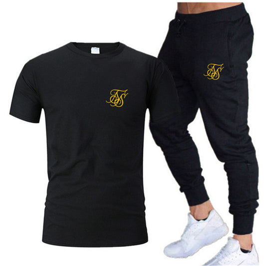 Summer Fashion Leisure SikSilk brand Men&#39;s Set Tracksuit Sportswear Track Suits Male Sweatsuit Short Sleeves T shirt 2 piece set