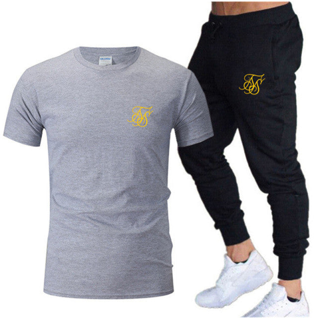 Summer Fashion Leisure SikSilk brand Men&#39;s Set Tracksuit Sportswear Track Suits Male Sweatsuit Short Sleeves T shirt 2 piece set