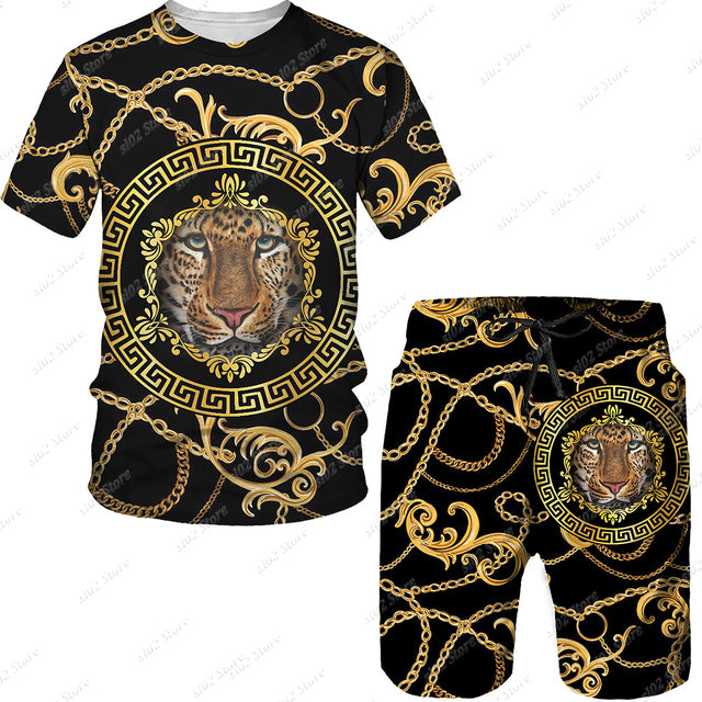 Summer Golden Pattern Lion Head Printed Men T-shirt/Shorts/Suit Graphic O-neck T Shirt and Shorts Short Sleeved