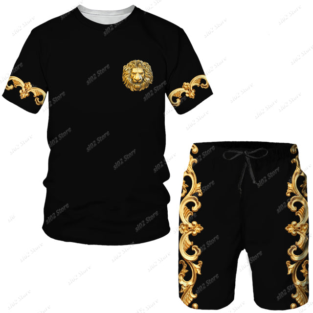 Summer Golden Pattern Lion Head Printed Men T-shirt/Shorts/Suit Graphic O-neck T Shirt and Shorts Short Sleeved