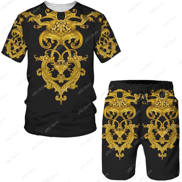 Summer Golden Pattern Lion Head Printed Men T-shirt/Shorts/Suit Graphic O-neck T Shirt and Shorts Short Sleeved