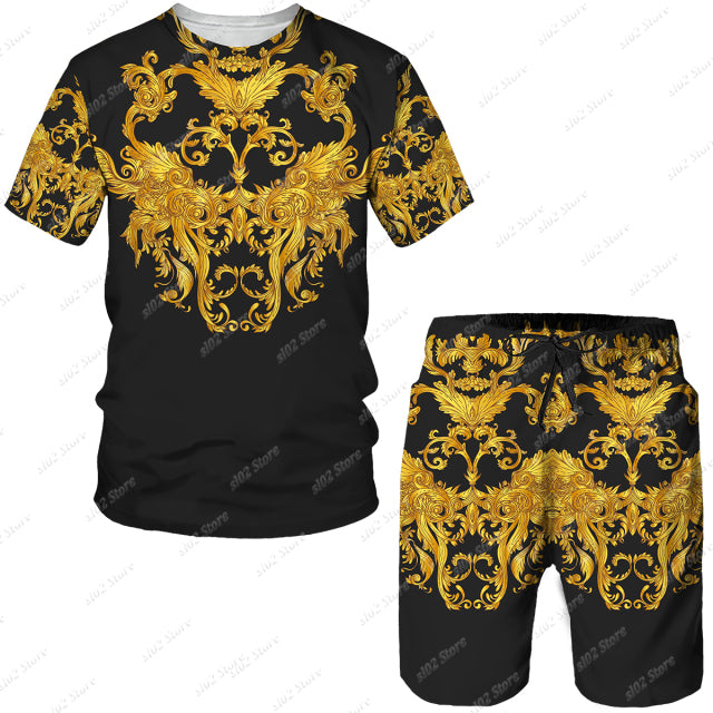 Summer Golden Pattern Lion Head Printed Men T-shirt/Shorts/Suit Graphic O-neck T Shirt and Shorts Short Sleeved